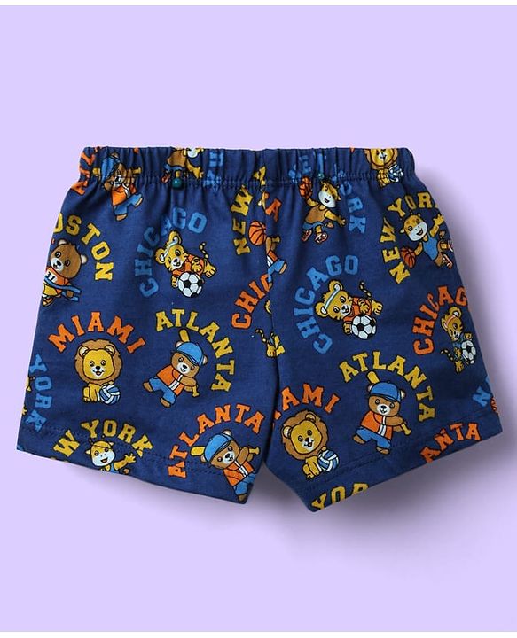 Babyhug 100% Cotton Single Jersey Knit Trunks With Stripes & Animal Print Pack Of 3 - Yellow Navy Blue & Royal Blue