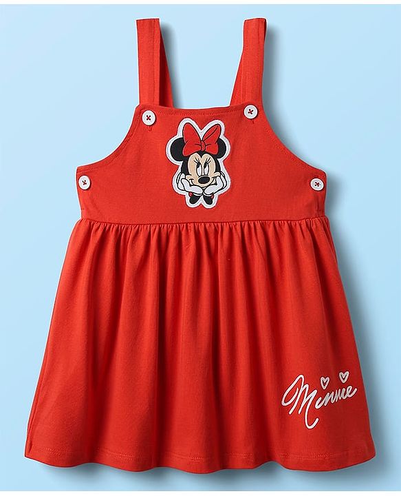 Babyhug Disney Single Jersey Knit Dungaree Style Frock & Half Sleeves Inner Tee With Minnie Mouse Graphics - Red & White
