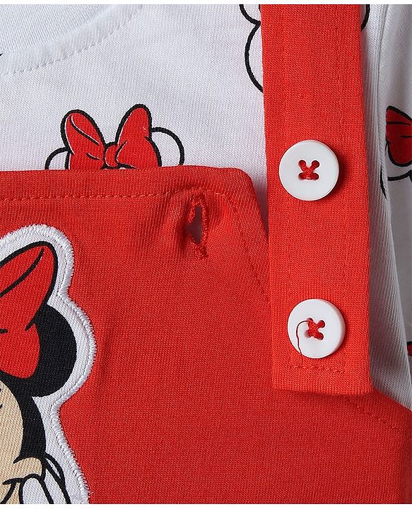 Babyhug Disney Single Jersey Knit Dungaree Style Frock & Half Sleeves Inner Tee With Minnie Mouse Graphics - Red & White