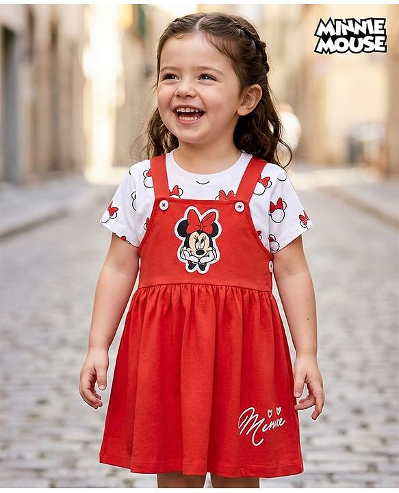 Babyhug Disney Single Jersey Knit Dungaree Style Frock & Half Sleeves Inner Tee With Minnie Mouse Graphics - Red & White