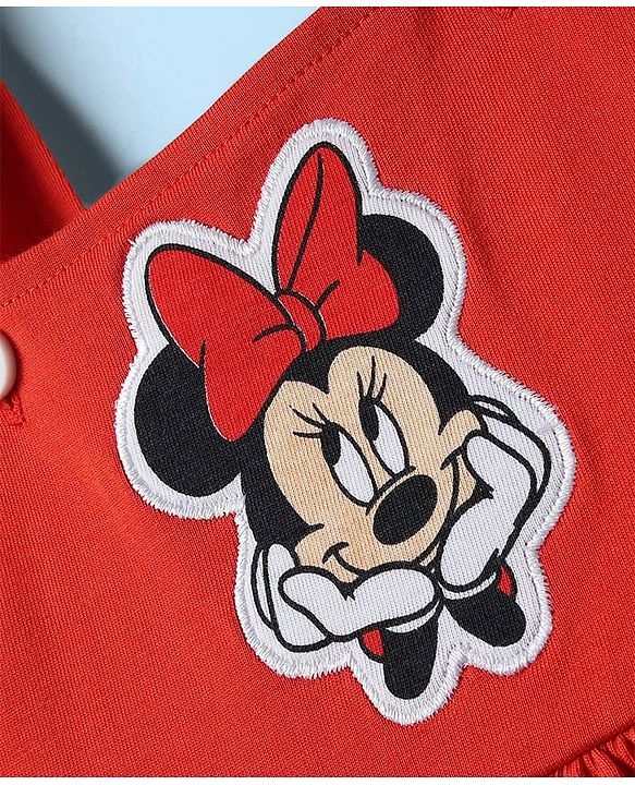 Babyhug Disney Single Jersey Knit Dungaree Style Frock & Half Sleeves Inner Tee With Minnie Mouse Graphics - Red & White