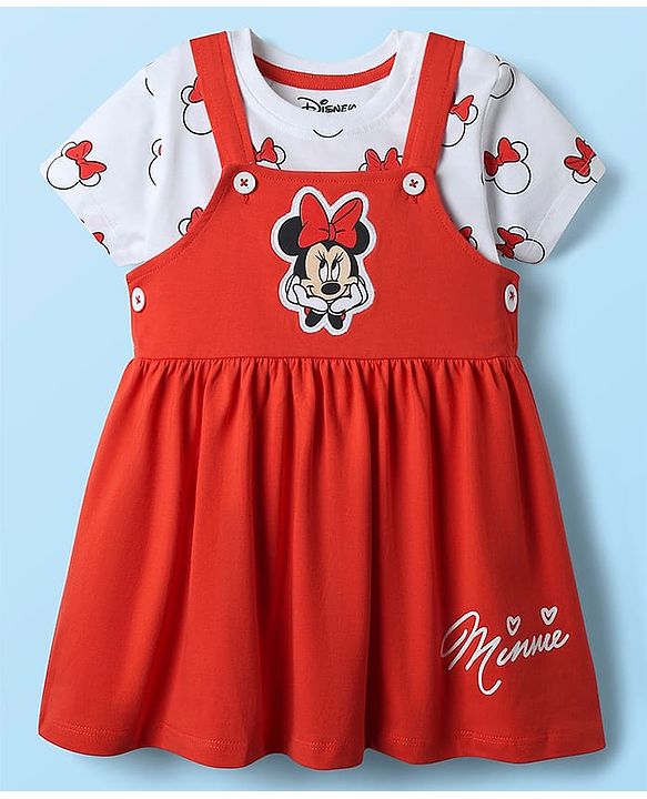 Babyhug Disney Single Jersey Knit Dungaree Style Frock & Half Sleeves Inner Tee With Minnie Mouse Graphics - Red & White
