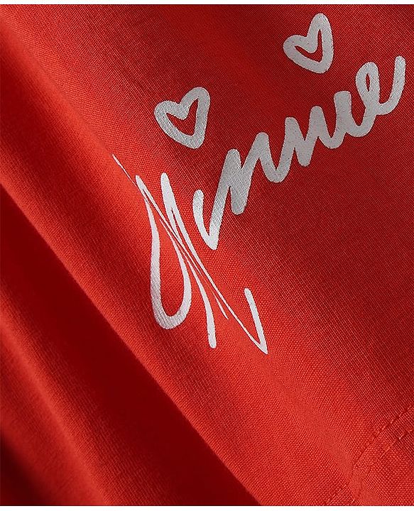 Babyhug Disney Single Jersey Knit Dungaree Style Frock & Half Sleeves Inner Tee With Minnie Mouse Graphics - Red & White