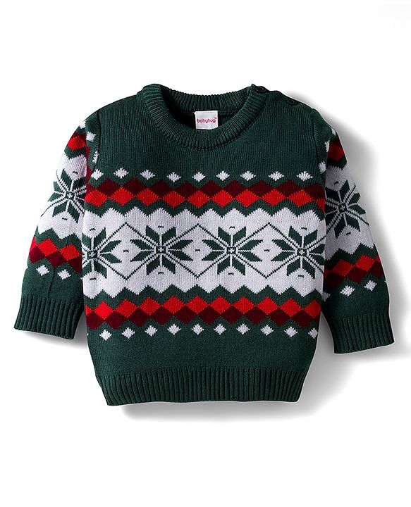 Babyhug Knit Full Sleeves Pullover Sweater & Pant Set with Aztec Design - Olive Green