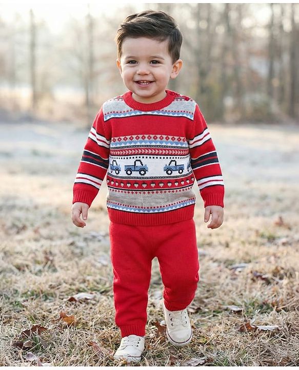 Babyhug Knit Full Sleeves Pullover Sweater Set With Vehicles Design - Red