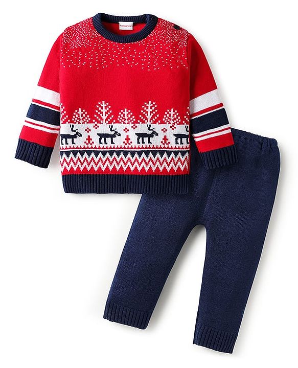 Babyhug Knitted Full Sleeves Pullover Sweater Set With Reindeer Design - Red & Navy Blue