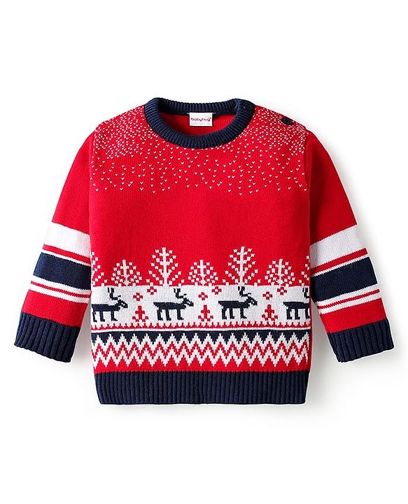 Babyhug Knitted Full Sleeves Pullover Sweater Set With Reindeer Design - Red & Navy Blue