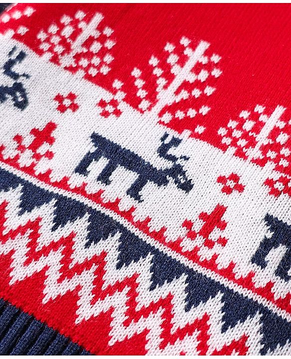 Babyhug Knitted Full Sleeves Pullover Sweater Set With Reindeer Design - Red & Navy Blue
