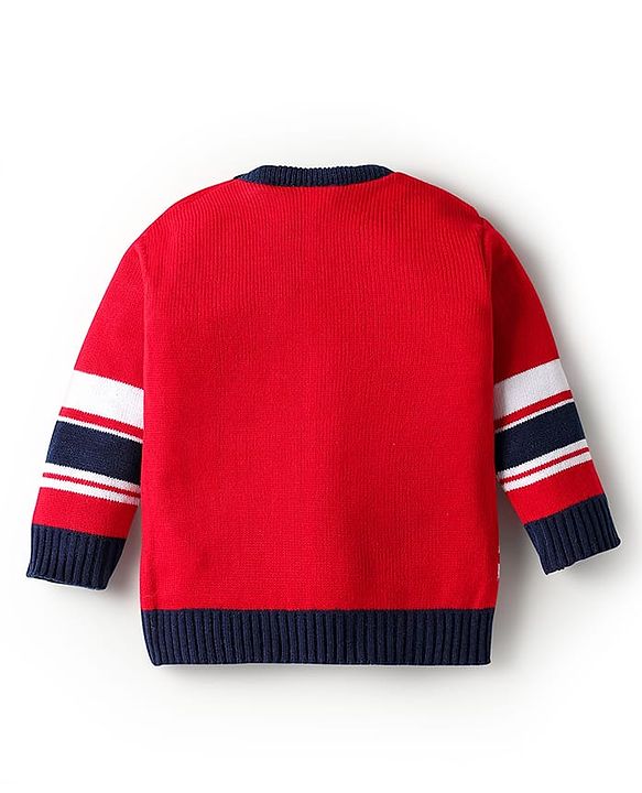 Babyhug Knitted Full Sleeves Pullover Sweater Set With Reindeer Design - Red & Navy Blue