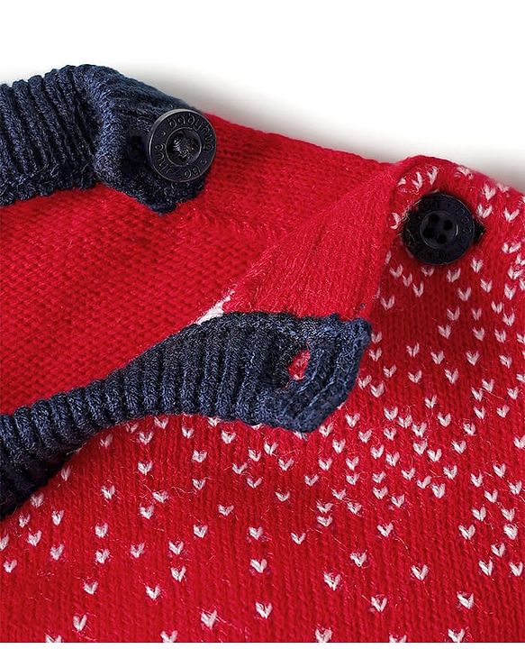 Babyhug Knitted Full Sleeves Pullover Sweater Set With Reindeer Design - Red & Navy Blue