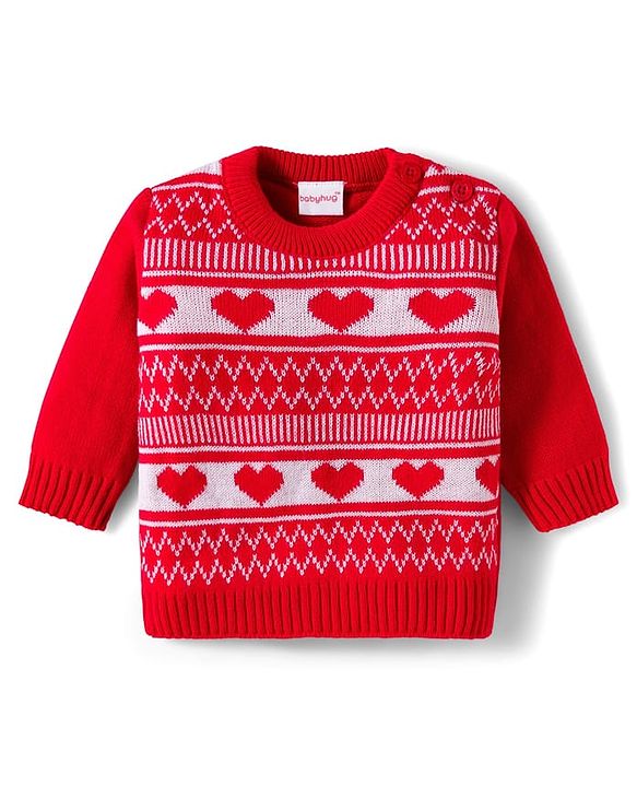 Babyhug Knitted Full Sleeves Sweater Set With Heart Design - Red