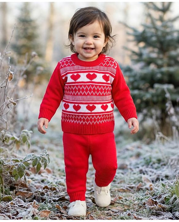 Babyhug Knitted Full Sleeves Sweater Set With Heart Design - Red
