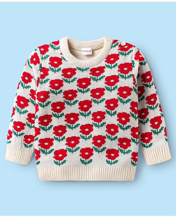 Babyhug Knitted Full Sleeves Sweater Set with Floral Design - Red & Cream