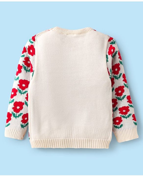 Babyhug Knitted Full Sleeves Sweater Set with Floral Design - Red & Cream