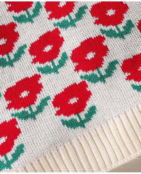 Babyhug Knitted Full Sleeves Sweater Set with Floral Design - Red & Cream