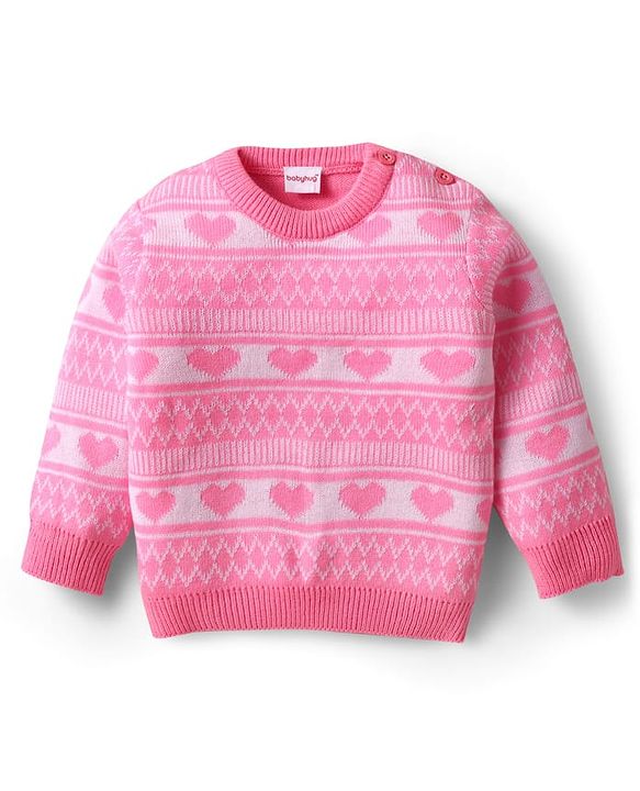 Babyhug Knitted Full Sleeves Sweater Set with Heart Design - Pink