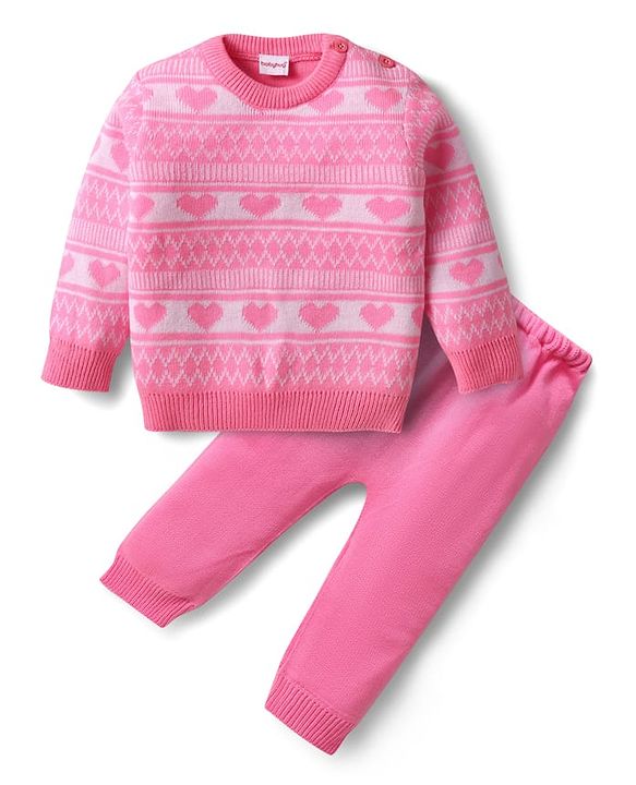 Babyhug Knitted Full Sleeves Sweater Set with Heart Design - Pink