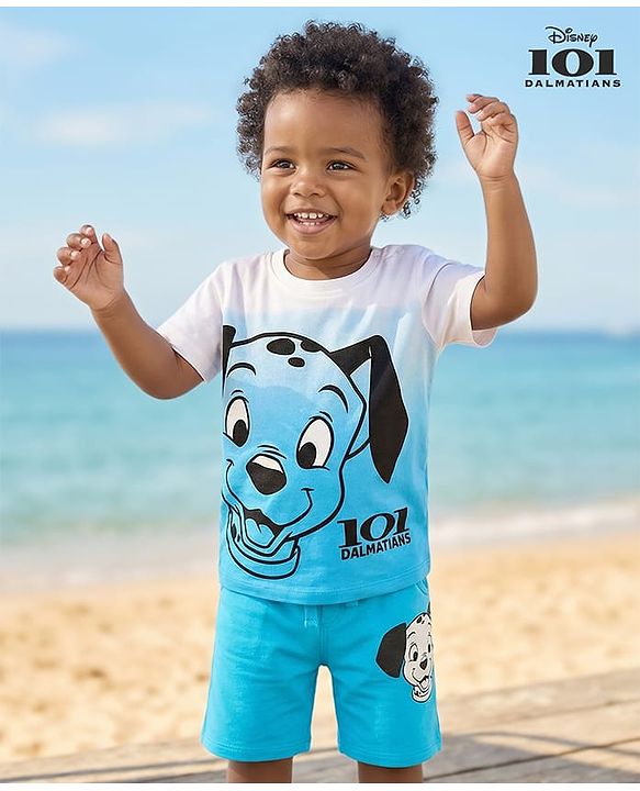 Babyhug Disney Single Jersey Knit Half Sleeves T-Shirt & Shorts Set with 101 Dalmatian Graphics - Light Blue