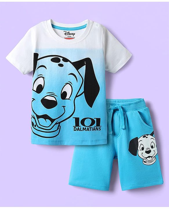 Babyhug Disney Single Jersey Knit Half Sleeves T-Shirt & Shorts Set with 101 Dalmatian Graphics - Light Blue