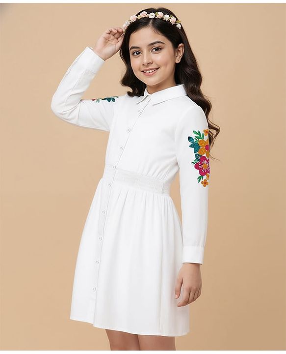 Pine Kids Cotton Woven Full Sleeves Shirt Dress with Floral Embroidery - White