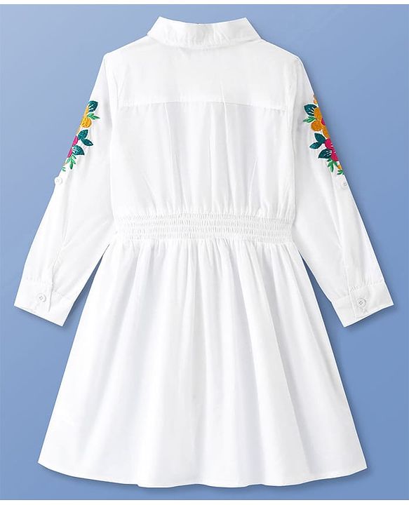 Pine Kids Cotton Woven Full Sleeves Shirt Dress with Floral Embroidery - White