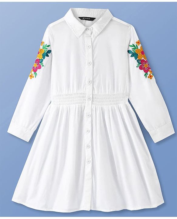 Pine Kids Cotton Woven Full Sleeves Shirt Dress with Floral Embroidery - White