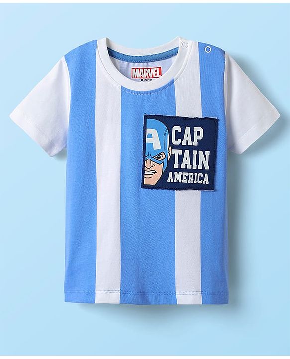 Babyhug Marvel Single Jersey Knit Half Sleeves Stripred T-Shirt & Shorts Set with Avengers Graphics - Light Blue & Navy Blue