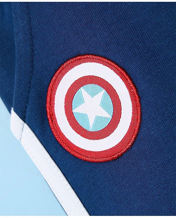 Babyhug Marvel Single Jersey Knit Half Sleeves Stripred T-Shirt & Shorts Set with Avengers Graphics - Light Blue & Navy Blue