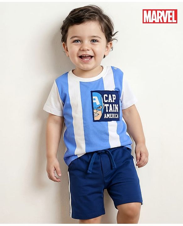 Babyhug Marvel Single Jersey Knit Half Sleeves Stripred T-Shirt & Shorts Set with Avengers Graphics - Light Blue & Navy Blue