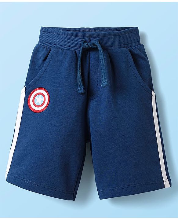 Babyhug Marvel Single Jersey Knit Half Sleeves Stripred T-Shirt & Shorts Set with Avengers Graphics - Light Blue & Navy Blue