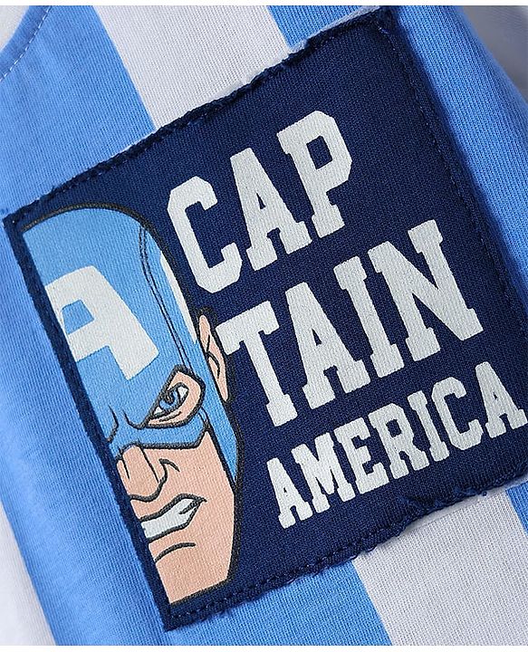 Babyhug Marvel Single Jersey Knit Half Sleeves Stripred T-Shirt & Shorts Set with Avengers Graphics - Light Blue & Navy Blue