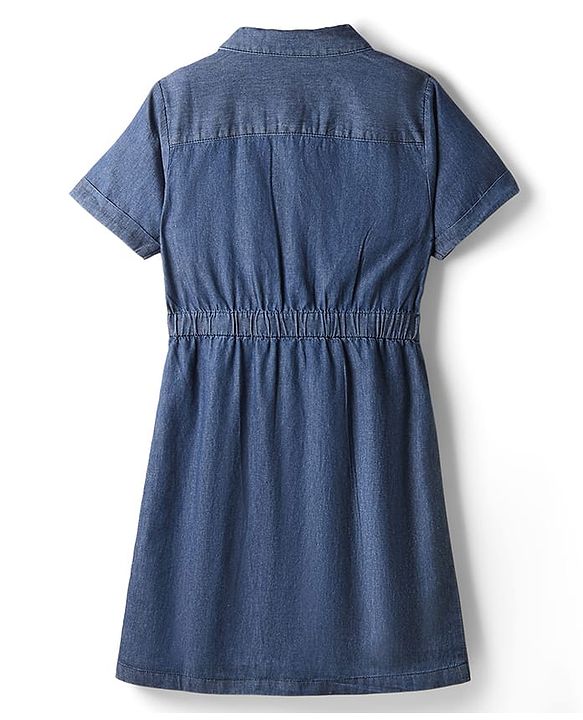 Pine Kids Cotton Woven Half Sleeves Collar Neck Shirt Style Solid Dress with Cinched Waist - Mid Blue
