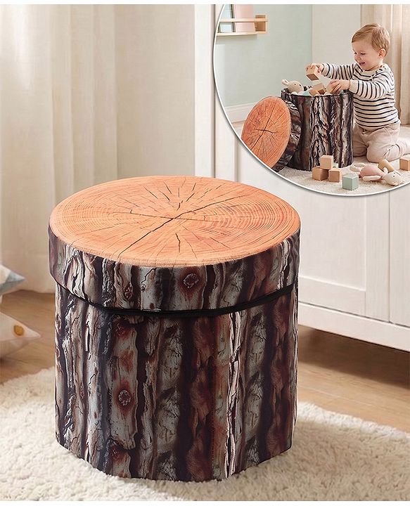 Babyhug Foldable Pouffe with Storage in Wood Theme - Brown| Multipurpose - Stool, Footstool & Storage Box for Kids