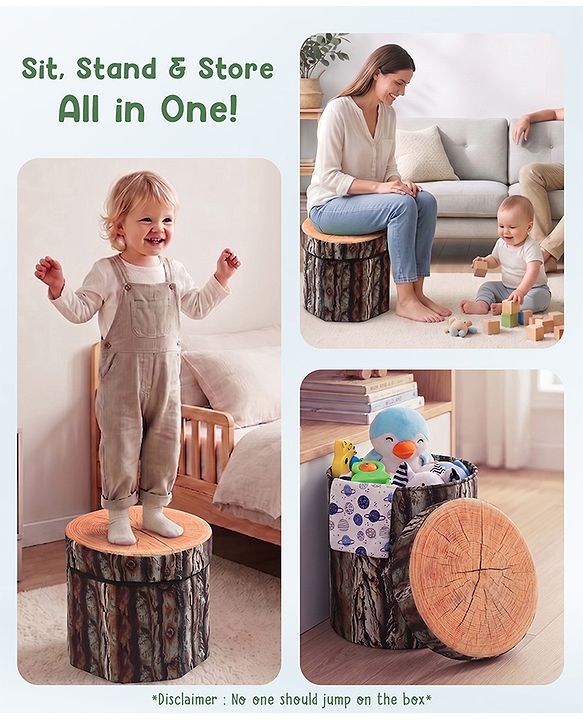 Babyhug Foldable Pouffe with Storage in Wood Theme - Brown| Multipurpose - Stool, Footstool & Storage Box for Kids