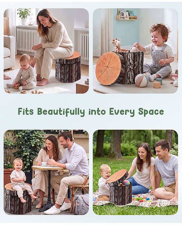 Babyhug Foldable Pouffe with Storage in Wood Theme - Brown| Multipurpose - Stool, Footstool & Storage Box for Kids