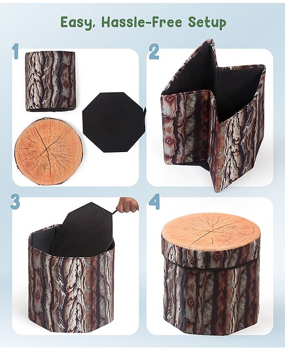 Babyhug Foldable Pouffe with Storage in Wood Theme - Brown| Multipurpose - Stool, Footstool & Storage Box for Kids