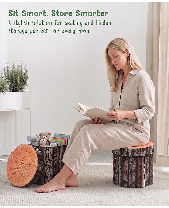 Babyhug Foldable Pouffe with Storage in Wood Theme - Brown| Multipurpose - Stool, Footstool & Storage Box for Kids