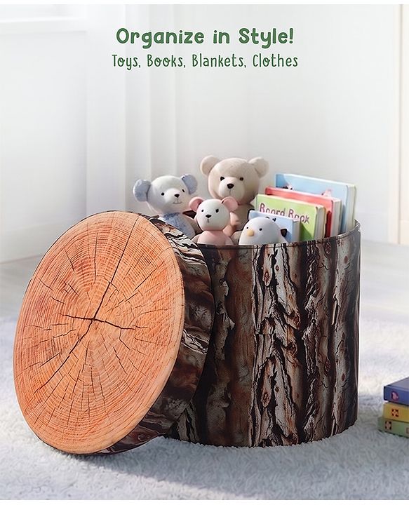 Babyhug Foldable Pouffe with Storage in Wood Theme - Brown| Multipurpose - Stool, Footstool & Storage Box for Kids