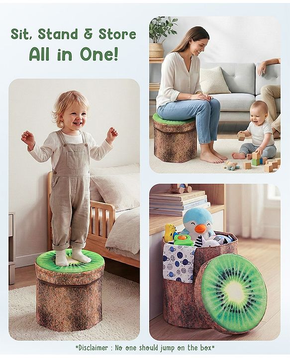 Babyhug Foldable Pouffe with Storage in Wood Theme - Brown| Multipurpose - Stool, Footstool & Storage Box for Kids