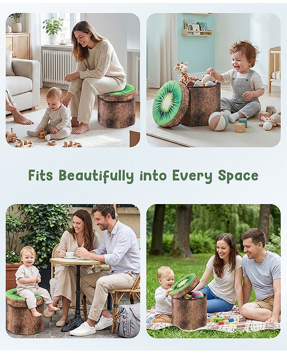Babyhug Foldable Pouffe with Storage in Wood Theme - Brown| Multipurpose - Stool, Footstool & Storage Box for Kids