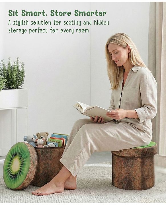 Babyhug Foldable Pouffe with Storage in Wood Theme - Brown| Multipurpose - Stool, Footstool & Storage Box for Kids