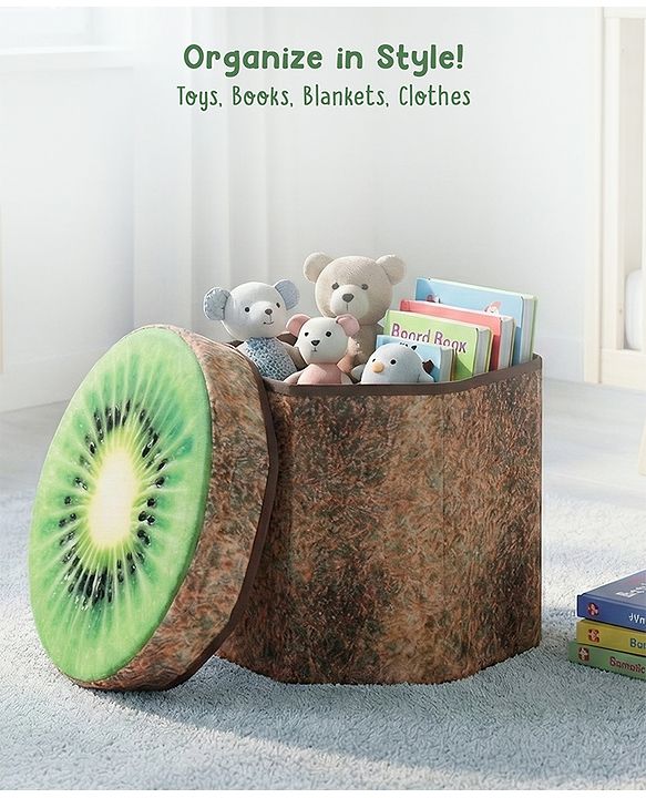 Babyhug Foldable Pouffe with Storage in Wood Theme - Brown| Multipurpose - Stool, Footstool & Storage Box for Kids
