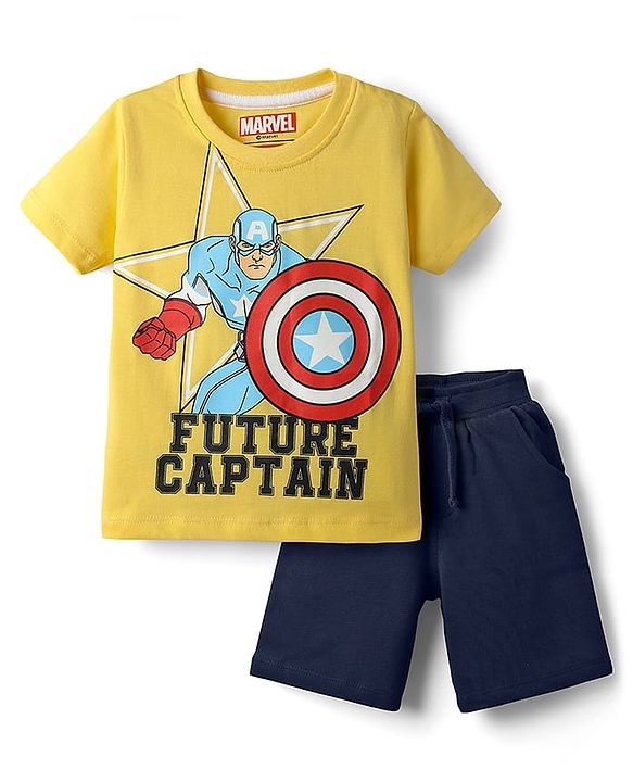 Babyhug Marvel Single Jersey Knit Half Sleeves T-Shirt & Shorts Set With Avengers Graphics - Yellow & Blue