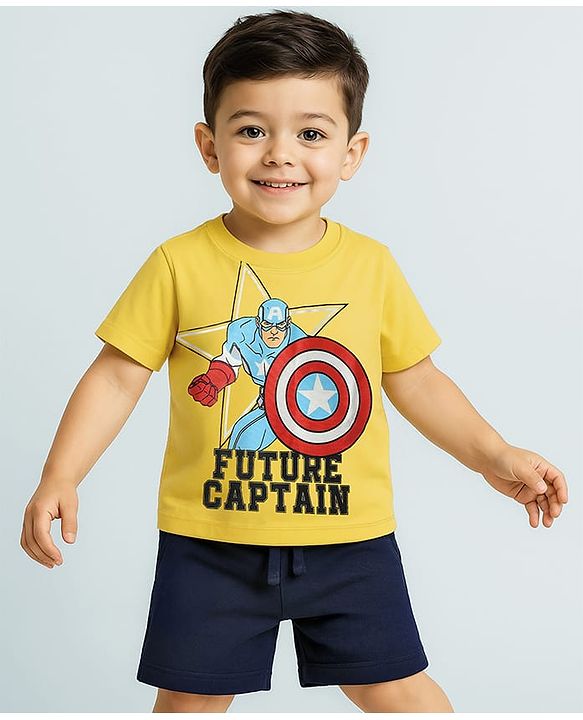 Babyhug Marvel Single Jersey Knit Half Sleeves T-Shirt & Shorts Set With Avengers Graphics - Yellow & Blue