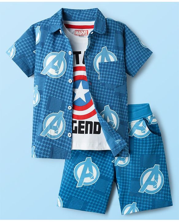 Babyhug Marvel Single Jersey Knit Half Sleeves Shirt & Shorts Co-Ord Set With Avengers Graphics & T-Shirt - Blue