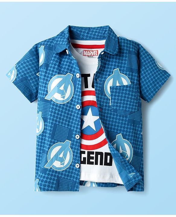 Babyhug Marvel Single Jersey Knit Half Sleeves Shirt & Shorts Co-Ord Set With Avengers Graphics & T-Shirt - Blue