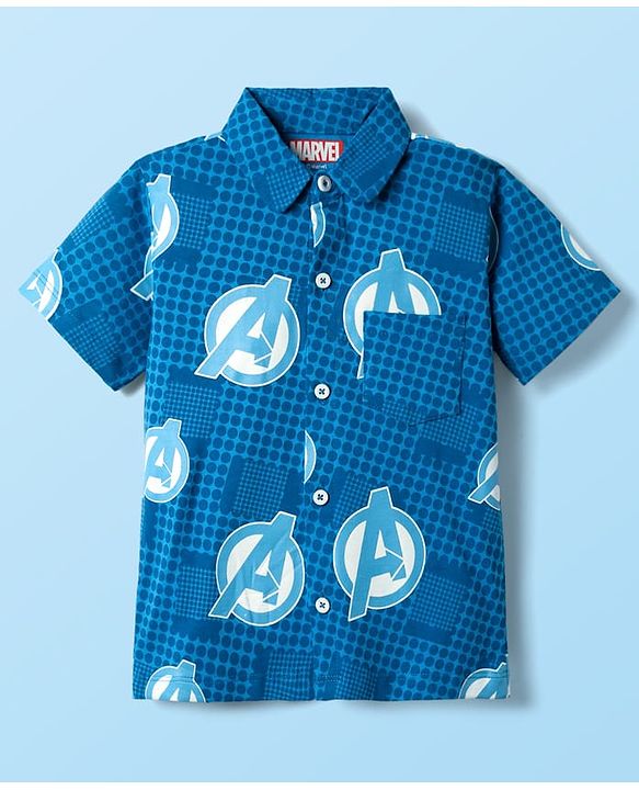 Babyhug Marvel Single Jersey Knit Half Sleeves Shirt & Shorts Co-Ord Set With Avengers Graphics & T-Shirt - Blue