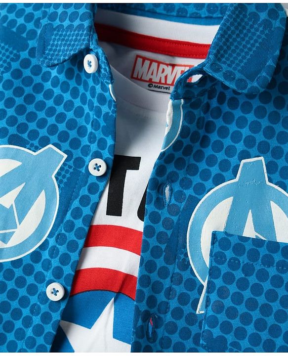 Babyhug Marvel Single Jersey Knit Half Sleeves Shirt & Shorts Co-Ord Set With Avengers Graphics & T-Shirt - Blue