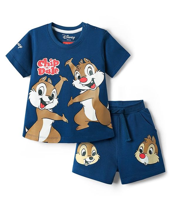Babyhug Disney Single Jersey Knit Half Sleeves T-Shirt & Shorts Set with Chip N Dale Graphics - Navy Blue