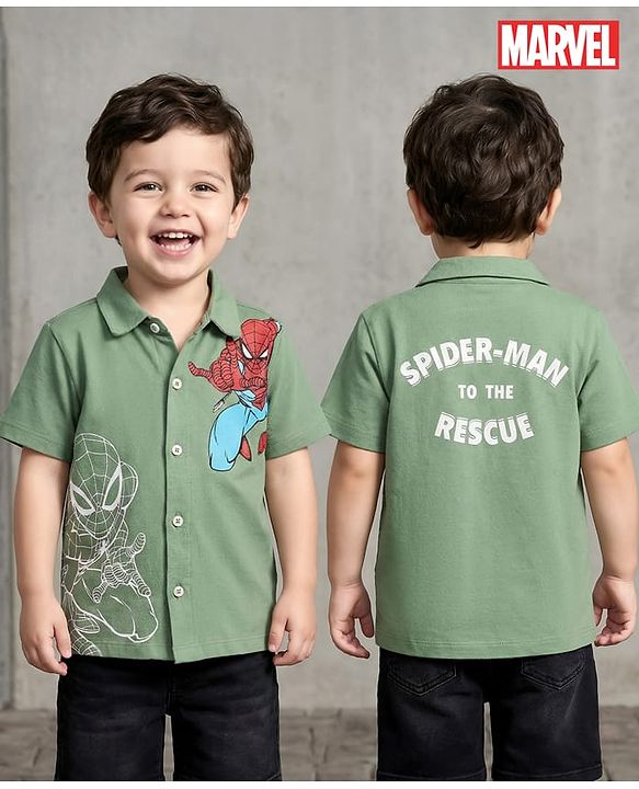 Babyhug Marvel Single Jersey Knit Half Sleeves Shirt With Spider Man Graphics - Green